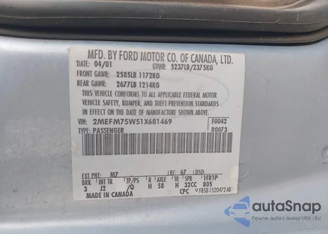 2001 Mercury Grand Marquis Ls из США, поврежденный, VIN 2MEFM75W51X681469